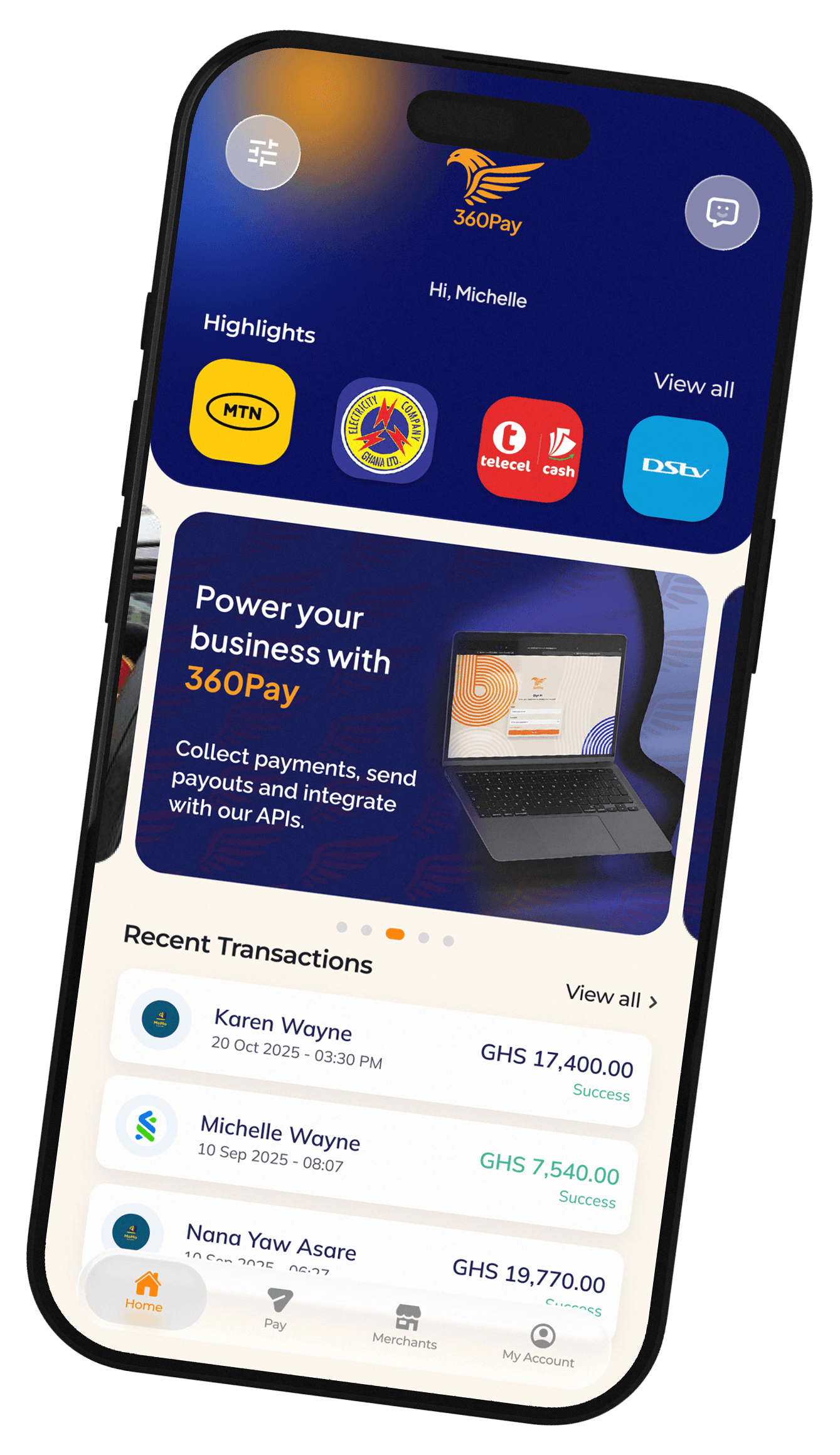 360Pay mobile app home screen
